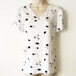 LuLaRoe Remi Tulip Petal Sleeve V-Neck T-Shirt S White Black Floral